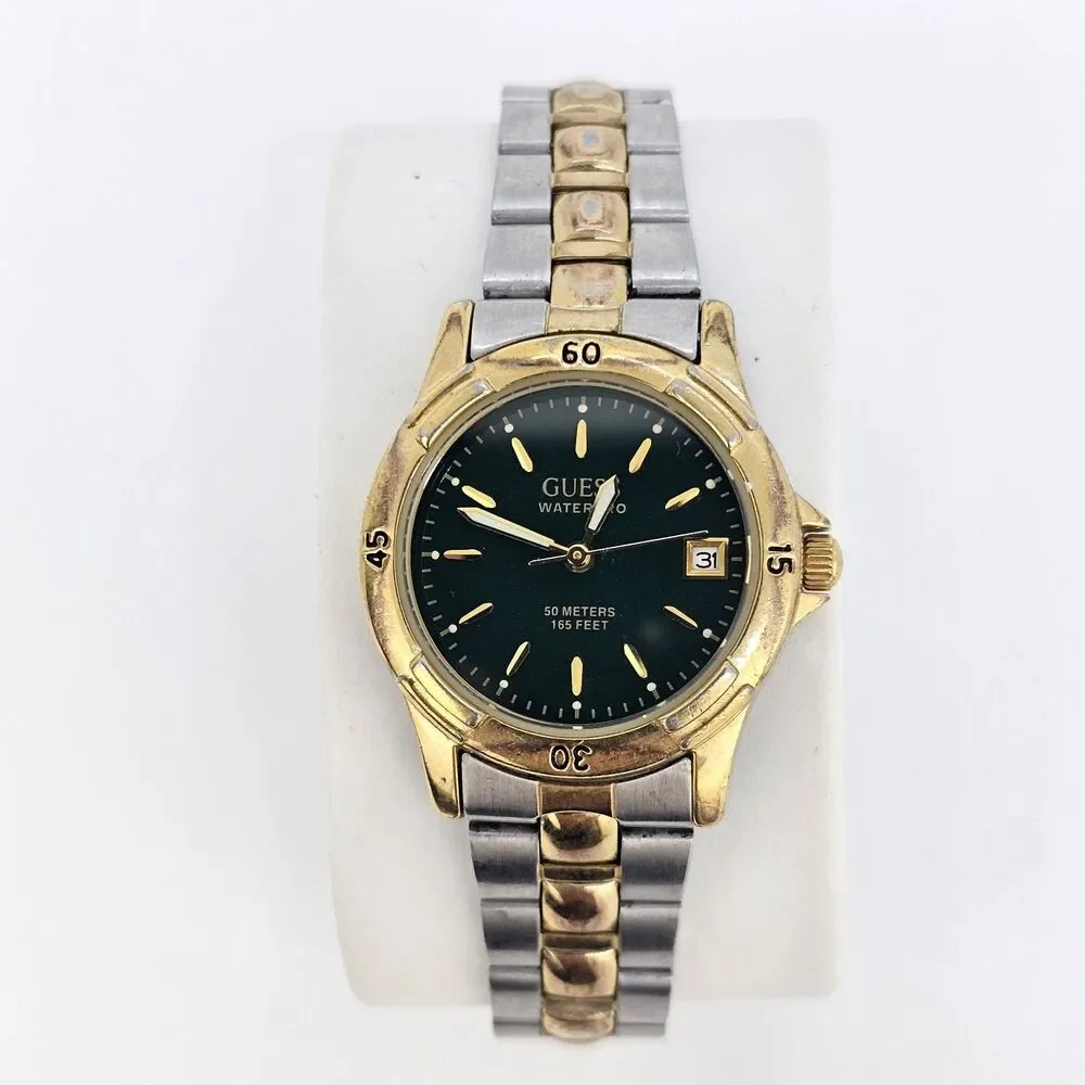 VTG Guess Women's Watch‎ 28MM Green Dial Date Two Tone Bracelet 6